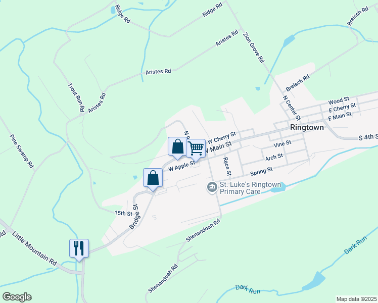 map of restaurants, bars, coffee shops, grocery stores, and more near 395 West Main Street in Ringtown