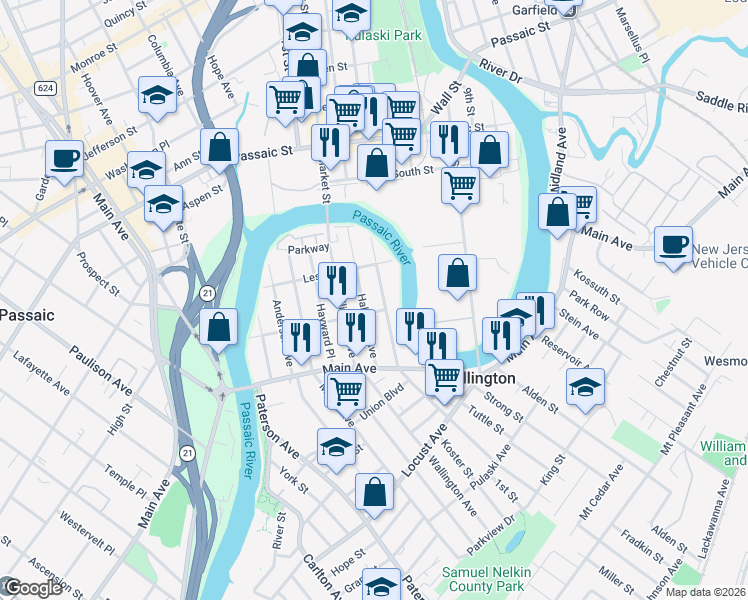 map of restaurants, bars, coffee shops, grocery stores, and more near 117 Mercer Street in Wallington