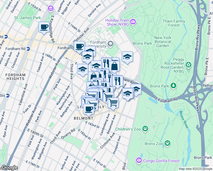map of restaurants, bars, coffee shops, grocery stores, and more near 2471 Hughes Avenue in Bronx