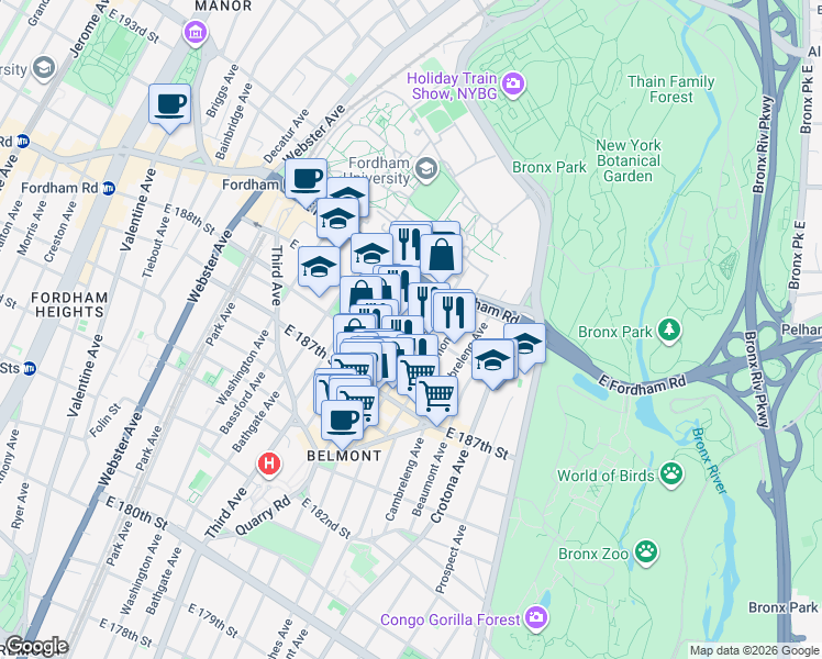 map of restaurants, bars, coffee shops, grocery stores, and more near 2471 Hughes Avenue in Bronx