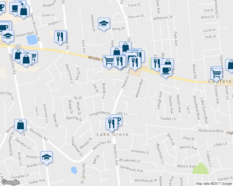 map of restaurants, bars, coffee shops, grocery stores, and more near 10 Alex Court in Lake Grove