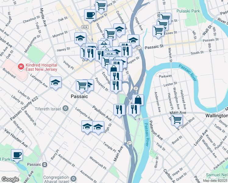 map of restaurants, bars, coffee shops, grocery stores, and more near 26 Prospect Street in Passaic
