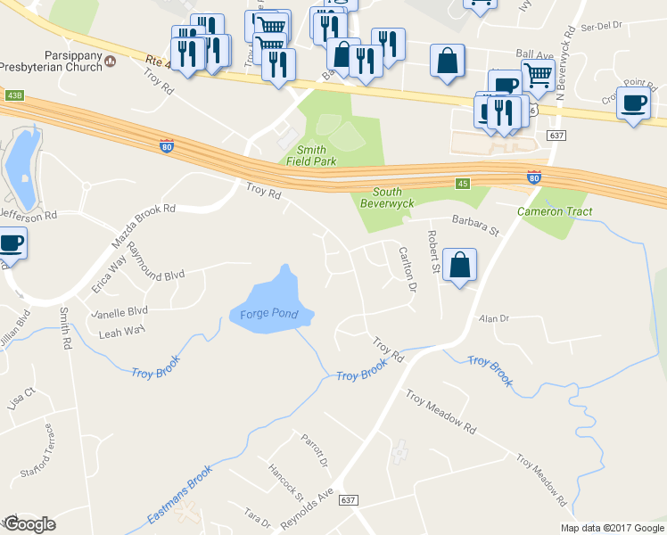 map of restaurants, bars, coffee shops, grocery stores, and more near 47 Allerton Road in Parsippany-Troy Hills