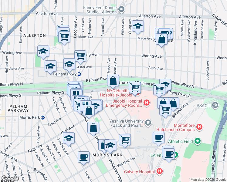 map of restaurants, bars, coffee shops, grocery stores, and more near 2067 Van Hoesen Avenue in Bronx