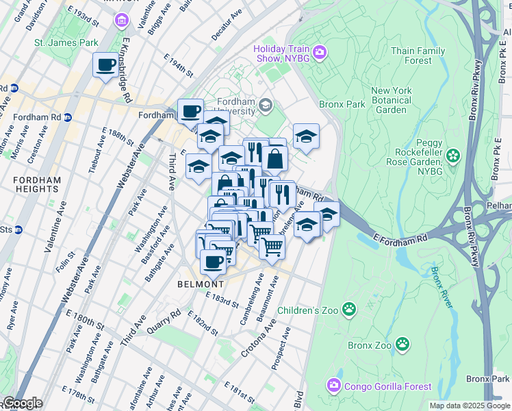 map of restaurants, bars, coffee shops, grocery stores, and more near 2471 Hughes Avenue in Bronx