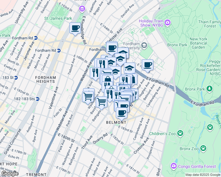 map of restaurants, bars, coffee shops, grocery stores, and more near 527 East 187th Street in Bronx
