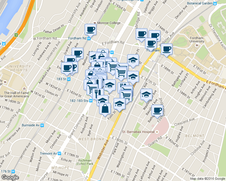 map of restaurants, bars, coffee shops, grocery stores, and more near in The Bronx