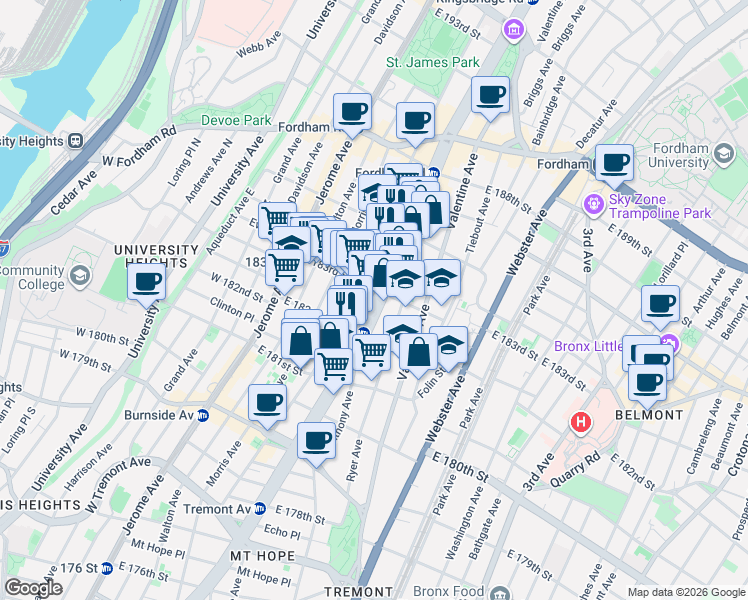 map of restaurants, bars, coffee shops, grocery stores, and more near 2236 Grand Concourse in The Bronx