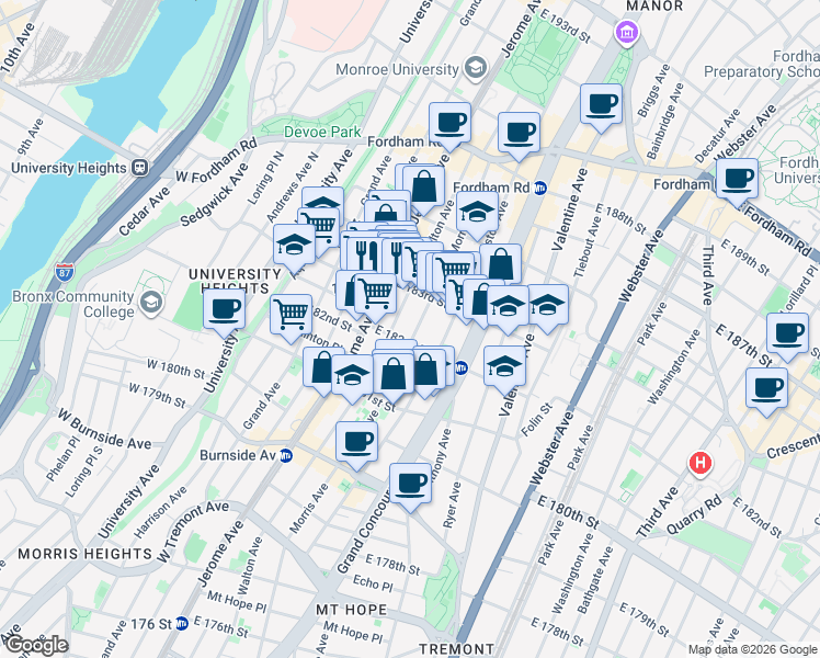 map of restaurants, bars, coffee shops, grocery stores, and more near in The Bronx