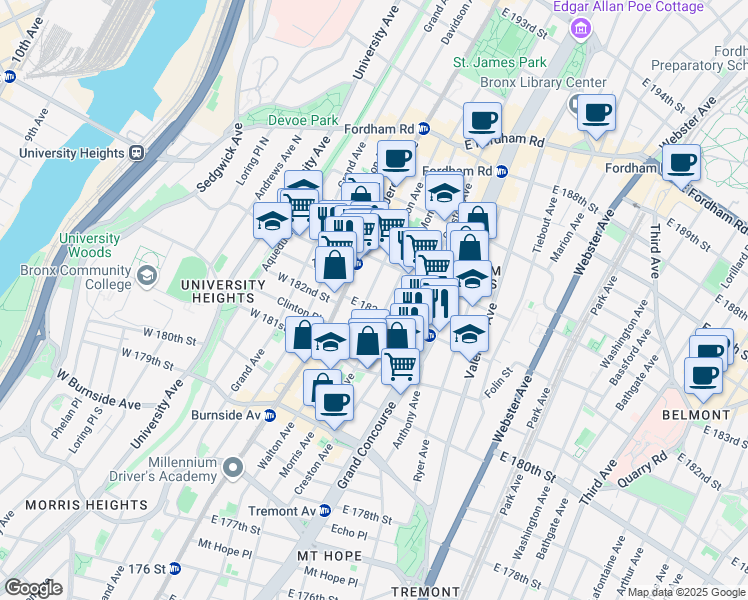 map of restaurants, bars, coffee shops, grocery stores, and more near in The Bronx