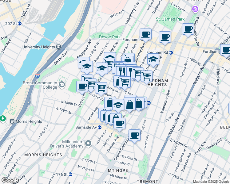 map of restaurants, bars, coffee shops, grocery stores, and more near 2195 Jerome Avenue in The Bronx