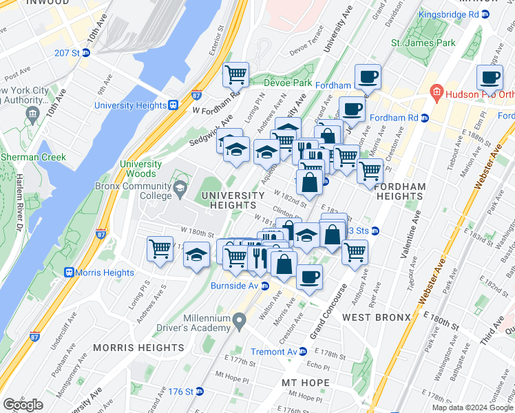 map of restaurants, bars, coffee shops, grocery stores, and more near 71 West 181st Street in The Bronx