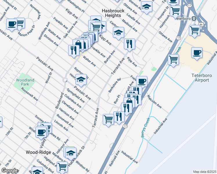 map of restaurants, bars, coffee shops, grocery stores, and more near 150 Terrace Avenue in Hasbrouck Heights