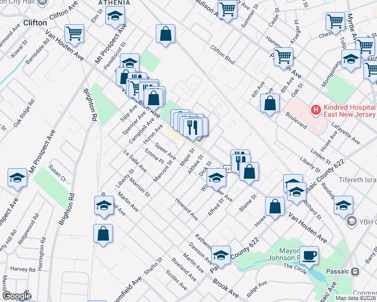 map of restaurants, bars, coffee shops, grocery stores, and more near 24 Major Street in Clifton