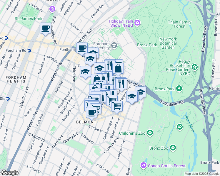 map of restaurants, bars, coffee shops, grocery stores, and more near 2471 Hughes Avenue in The Bronx