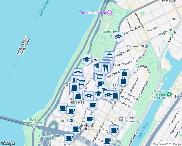 map of restaurants, bars, coffee shops, grocery stores, and more near 690 Fort Washington Avenue in New York