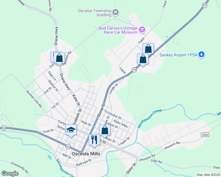 map of restaurants, bars, coffee shops, grocery stores, and more near 96 Lingle Street in Osceola Mills