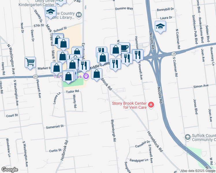 map of restaurants, bars, coffee shops, grocery stores, and more near Horseblock Rd & Blydenburg Rd in Centereach