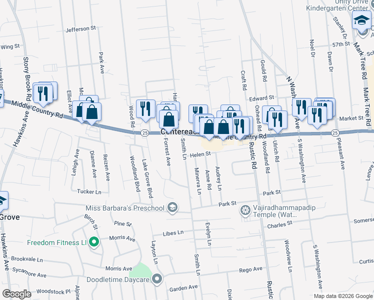 map of restaurants, bars, coffee shops, grocery stores, and more near 7 Smith Lane in Centereach