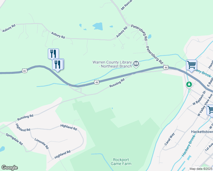 map of restaurants, bars, coffee shops, grocery stores, and more near 16 Russling Road in Hackettstown