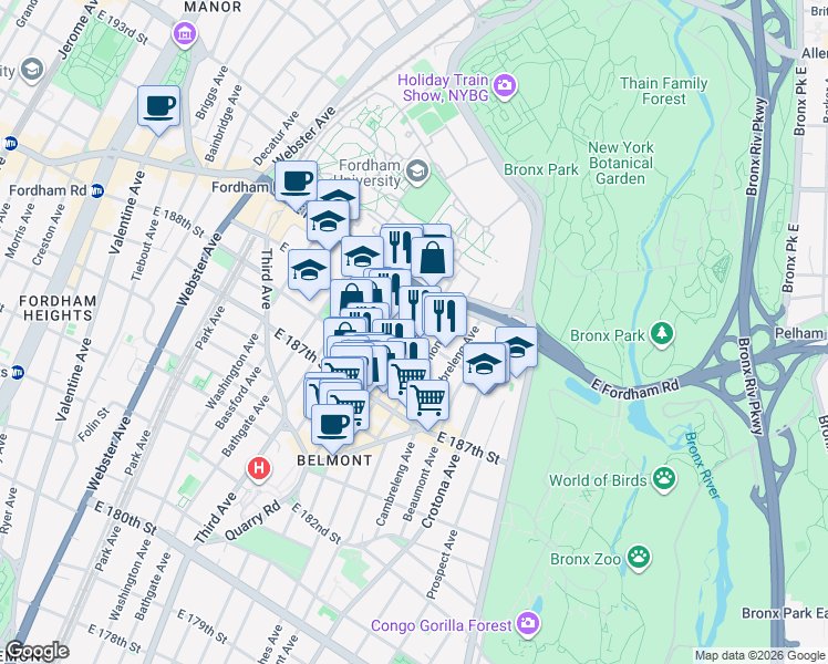 map of restaurants, bars, coffee shops, grocery stores, and more near 615 East 189th Street in The Bronx