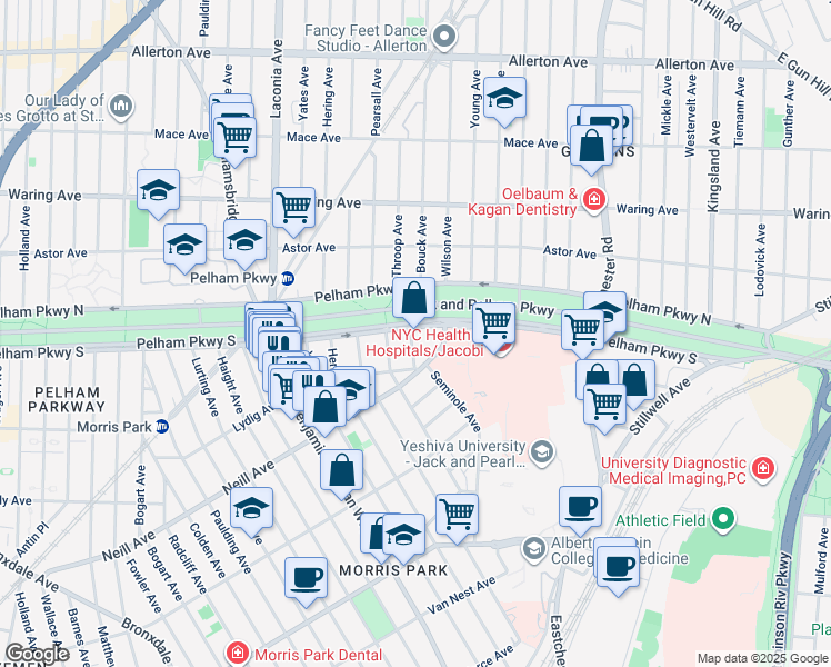map of restaurants, bars, coffee shops, grocery stores, and more near 2067 Van Hoesen Avenue in Bronx