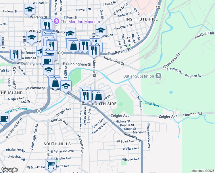 map of restaurants, bars, coffee shops, grocery stores, and more near 220 McClain Avenue in Butler