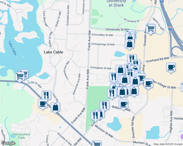 map of restaurants, bars, coffee shops, grocery stores, and more near 5229 Frank Avenue Northwest in North Canton