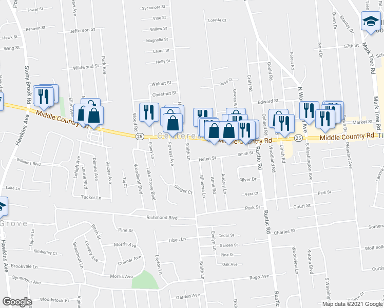 map of restaurants, bars, coffee shops, grocery stores, and more near 6 Smith Lane in Centereach