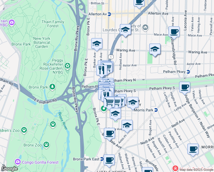 map of restaurants, bars, coffee shops, grocery stores, and more near White Plains Rd & Bronx and Pelham Pkwy in Bronx