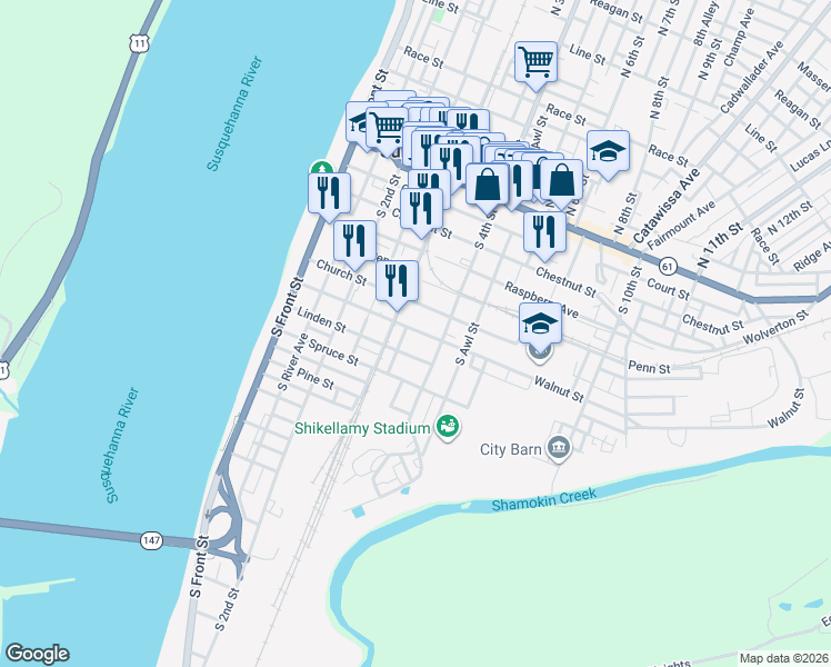 map of restaurants, bars, coffee shops, grocery stores, and more near 331 Walnut Street in Sunbury