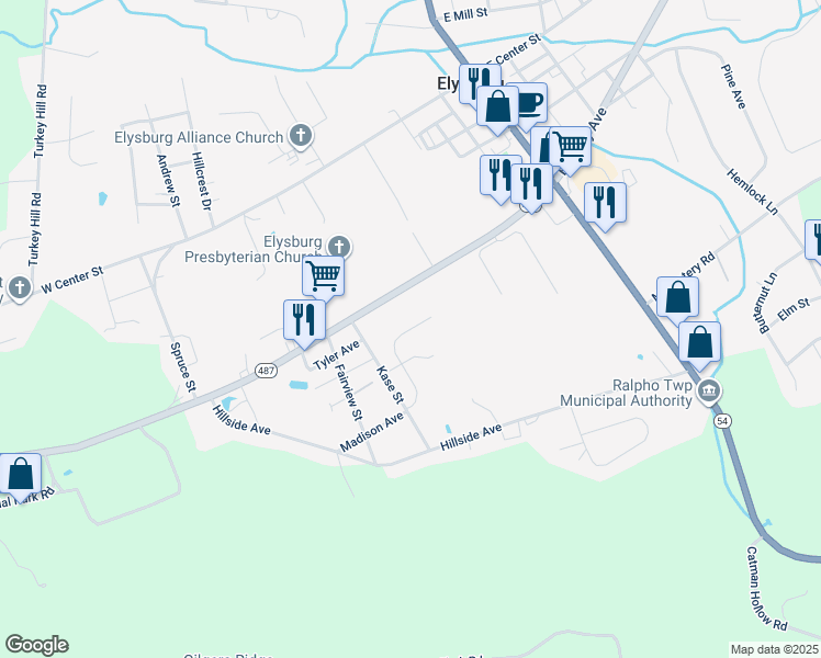 map of restaurants, bars, coffee shops, grocery stores, and more near Kase Street in Elysburg