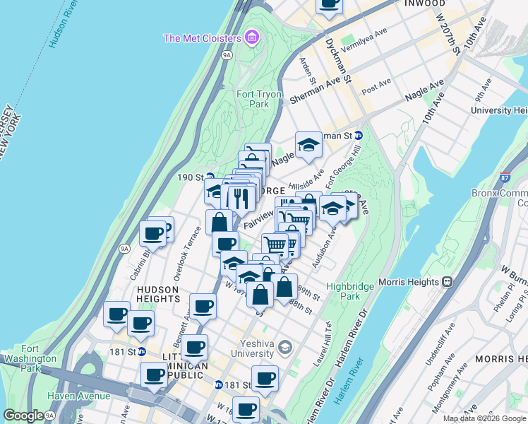 map of restaurants, bars, coffee shops, grocery stores, and more near 82-76 Wadsworth Terrace in New York