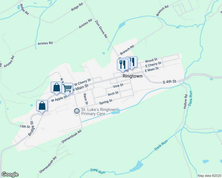 map of restaurants, bars, coffee shops, grocery stores, and more near 120 Vine Street in Mahanoy City