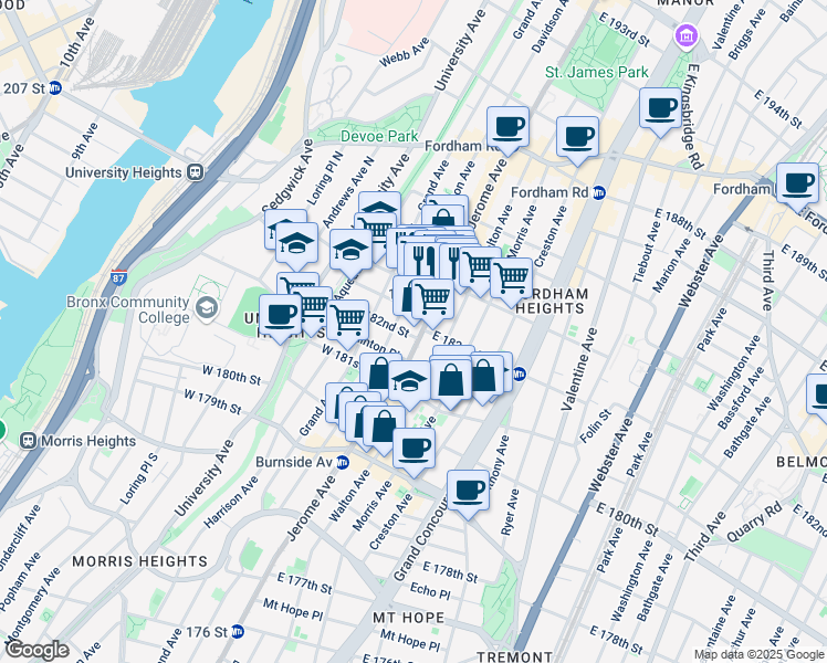 map of restaurants, bars, coffee shops, grocery stores, and more near 2 West 182nd Street in Bronx