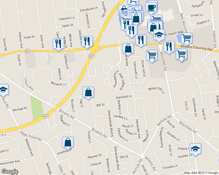 map of restaurants, bars, coffee shops, grocery stores, and more near 52 Deer Valley Drive in Nesconset
