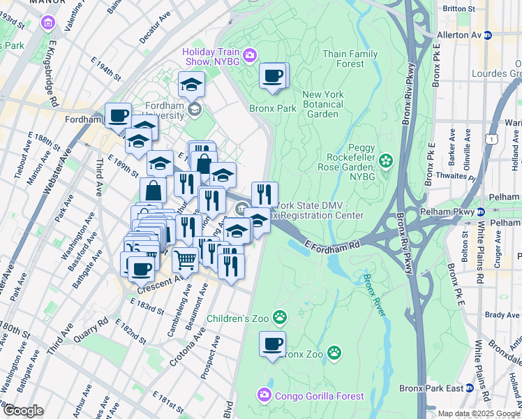 map of restaurants, bars, coffee shops, grocery stores, and more near 656 East Fordham Road in Bronx