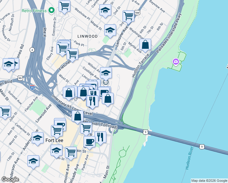 map of restaurants, bars, coffee shops, grocery stores, and more near 2193 North Central Road in Fort Lee