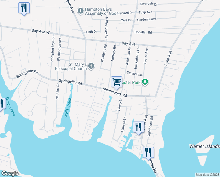 map of restaurants, bars, coffee shops, grocery stores, and more near 25 Shinnecock Road in Hampton Bays