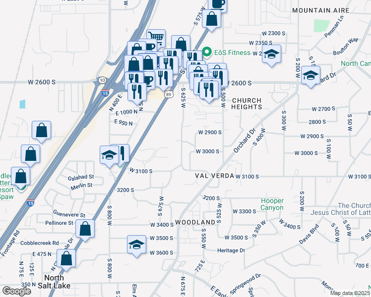 map of restaurants, bars, coffee shops, grocery stores, and more near 3004 South 600 West in Bountiful