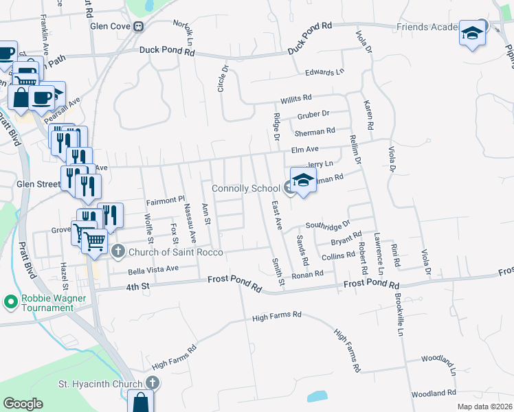 map of restaurants, bars, coffee shops, grocery stores, and more near 31 Guilfoy Street in Glen Cove