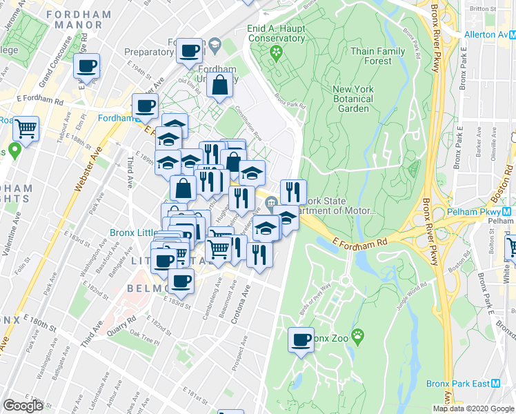 map of restaurants, bars, coffee shops, grocery stores, and more near in The Bronx