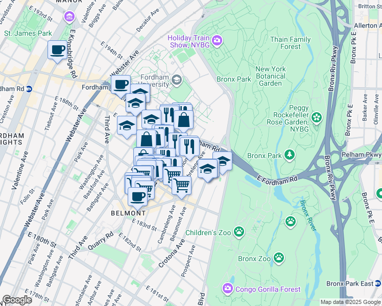 map of restaurants, bars, coffee shops, grocery stores, and more near 2496 Belmont Avenue in Bronx