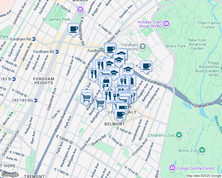 map of restaurants, bars, coffee shops, grocery stores, and more near 527 East 187th Street in Bronx