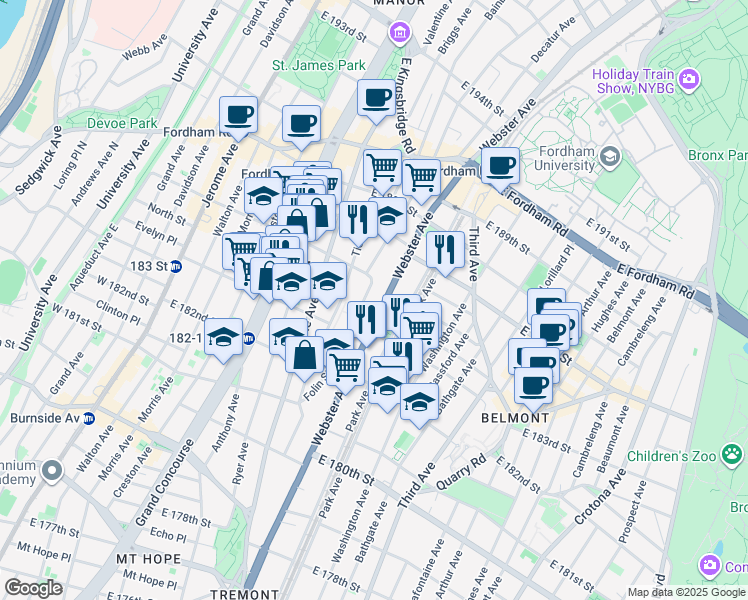 map of restaurants, bars, coffee shops, grocery stores, and more near 382 East 184th Street in The Bronx