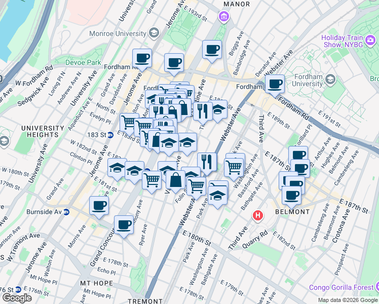 map of restaurants, bars, coffee shops, grocery stores, and more near in The Bronx