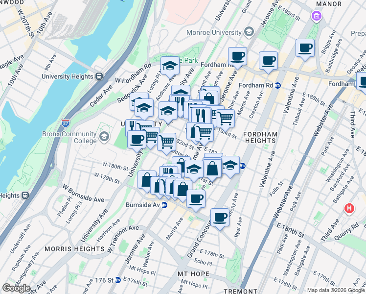map of restaurants, bars, coffee shops, grocery stores, and more near 2176 Grand Avenue in Bronx
