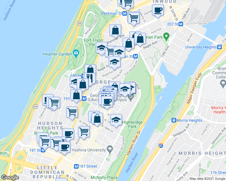 map of restaurants, bars, coffee shops, grocery stores, and more near 390 Wadsworth Avenue in New York