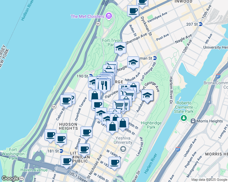 map of restaurants, bars, coffee shops, grocery stores, and more near 82-76 Wadsworth Terrace in New York