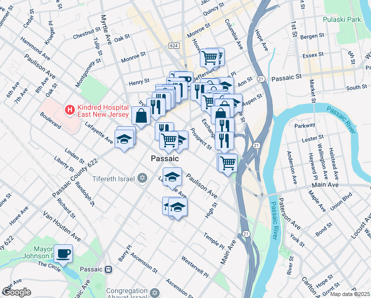 map of restaurants, bars, coffee shops, grocery stores, and more near 168 Gregory Avenue in Passaic